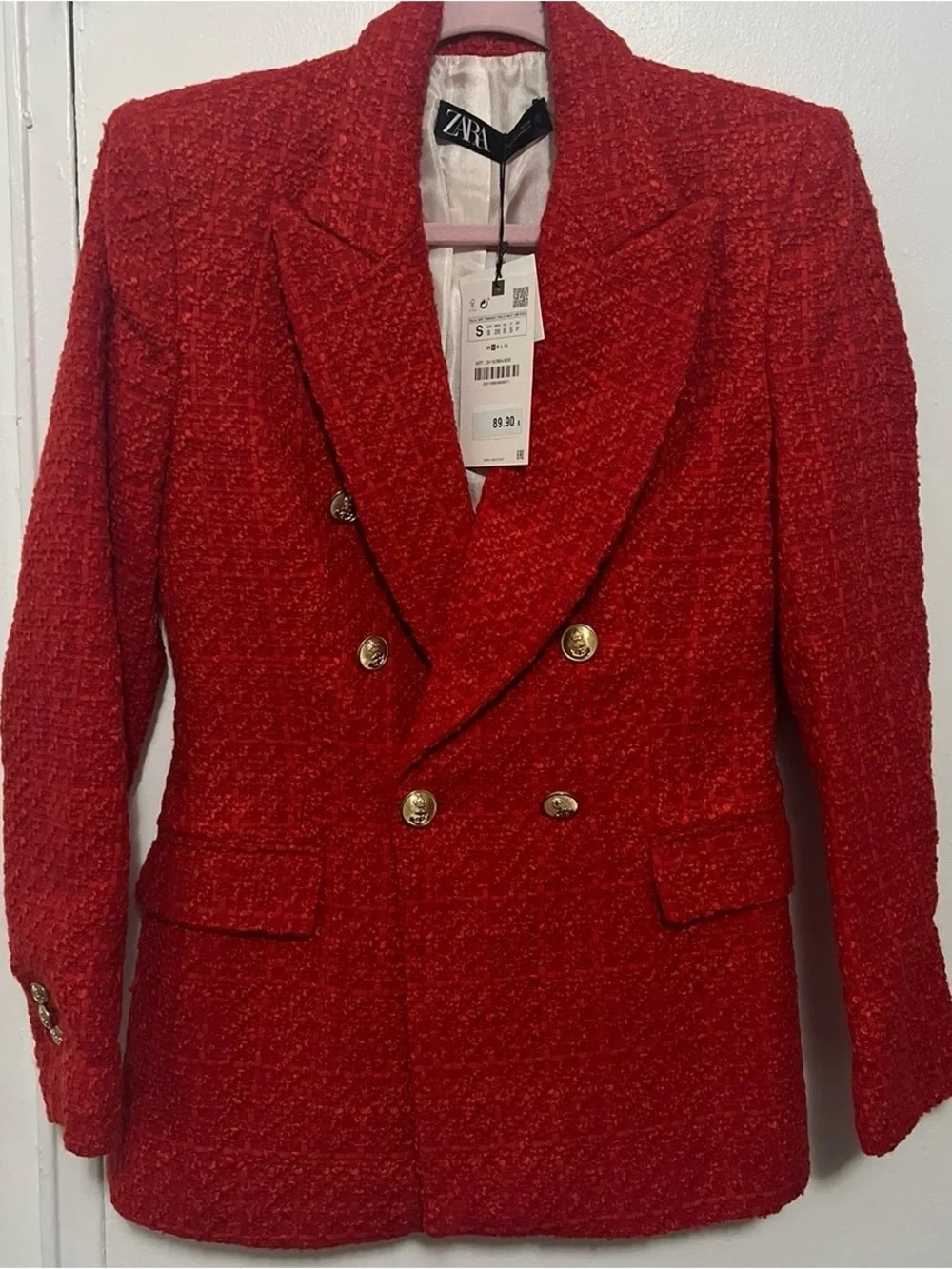 ZARA Red Tweed Double-Breasted Blazer with Gold Buttons - Picture 3 of 5